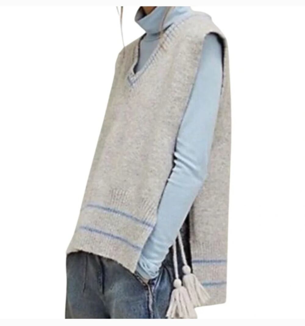 Free People Poncho Sweater One Size All Star‎ Striped Sleeveless Vest Tassel